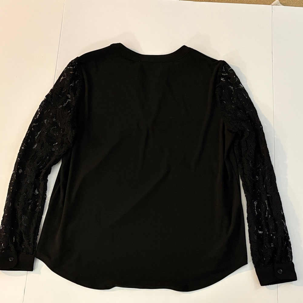 Kasper Black Lace-Sleeve Keyhole V-Neck Blouse - Picture 3 of 3